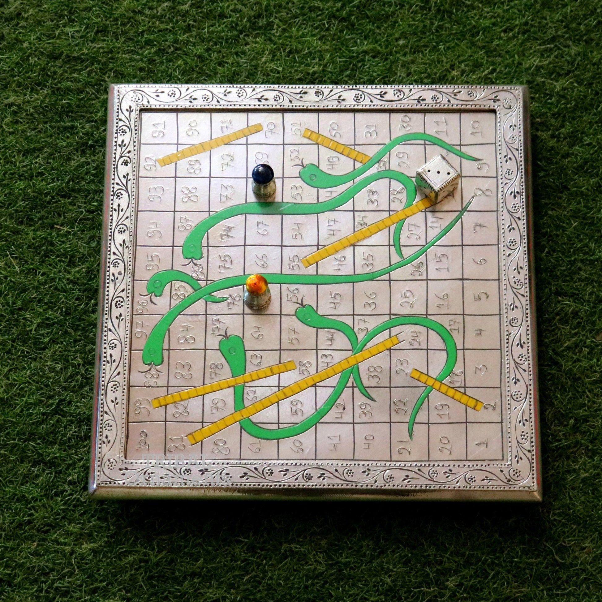 925 sterling silver handcrafted solid silver work snake and ladders game wooden base board, amazing vintage style classical games sf16 - TRIBAL ORNAMENTS