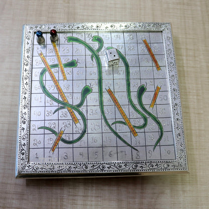 925 sterling silver handcrafted solid silver work snake and ladders game wooden base board, amazing vintage style classical games sf17 - TRIBAL ORNAMENTS