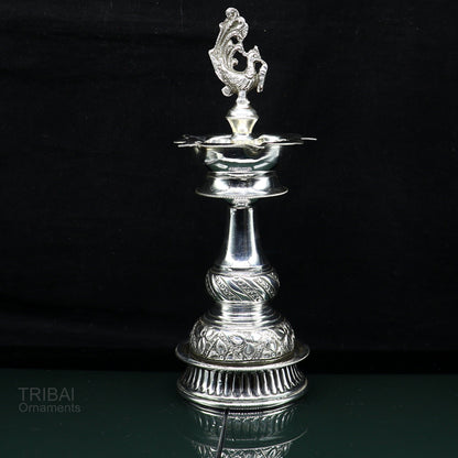 Handcrafted 925 sterling silver vintage oil lamp with antique design, silver Deepak puja candle stand by TRIBAL ORNAMENTS