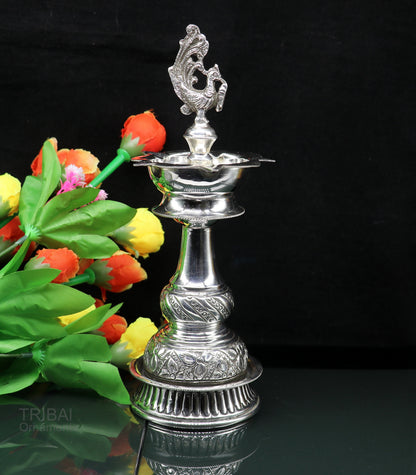 Handcrafted 925 sterling silver vintage oil lamp, Deepak, with antique design, silver puja article and candle stand figurine.