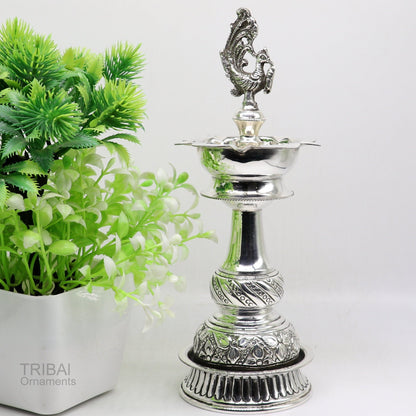 Handcrafted vintage 925 sterling silver oil lamp, Deepak puja candle stand, intricate silver art decorative figurine by Tribal Ornaments