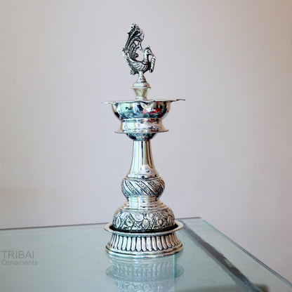 Handcrafted 925 sterling silver vintage oil lamp with antique design, decorative silver Deepak candle stand for puja rituals.