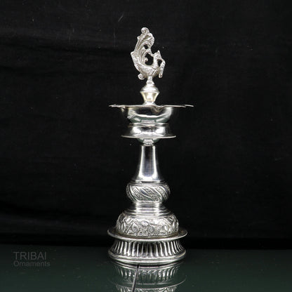 Handcrafted 925 sterling silver vintage oil lamp, Deepak design, decorative puja article and candle stand by Tribal Ornaments.