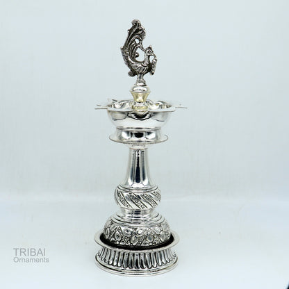 Sterling silver handcrafted vintage oil lamp, Deepak, decorative silver puja candle stand, tribal ornament art piece, antique design