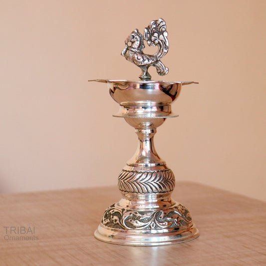 925 sterling silver handcrafted vintage work oil lamp or candle stand, silver Deepak, silver article, puja utensils, silver figurine su587 - TRIBAL ORNAMENTS