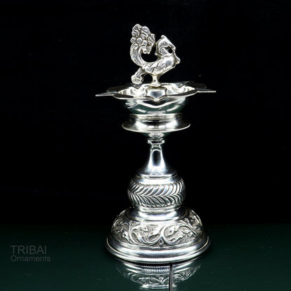 Handcrafted 925 sterling silver vintage oil lamp or candle stand, decorative Deepak for puja, tribal ornaments silver figurine.