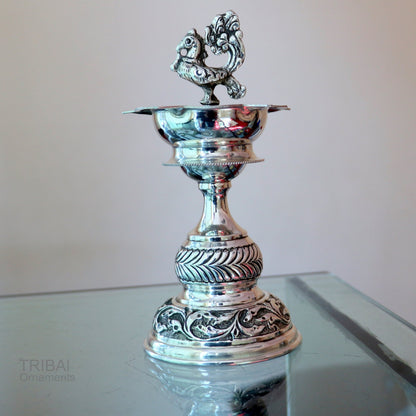 Handcrafted 925 sterling silver vintage oil lamp or candle stand, decorative silver Deepak used in puja rituals and puja utensils