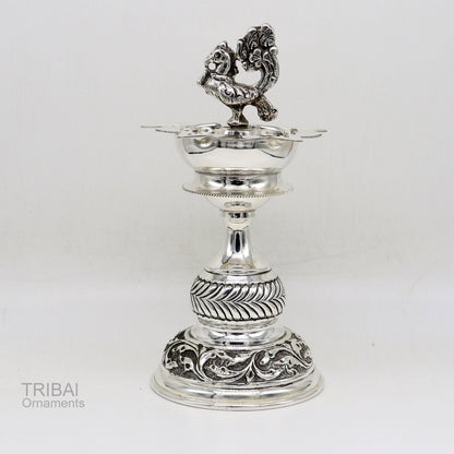 Handcrafted 925 sterling silver vintage oil lamp or candle stand, traditional Deepak, puja utensil, and silver figurine by Tribal Ornaments.