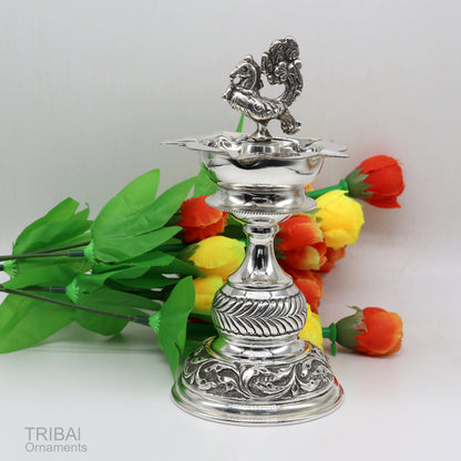 925 sterling silver handcrafted vintage oil lamp or candle stand, traditional silver Deepak for puja and spiritual rituals.