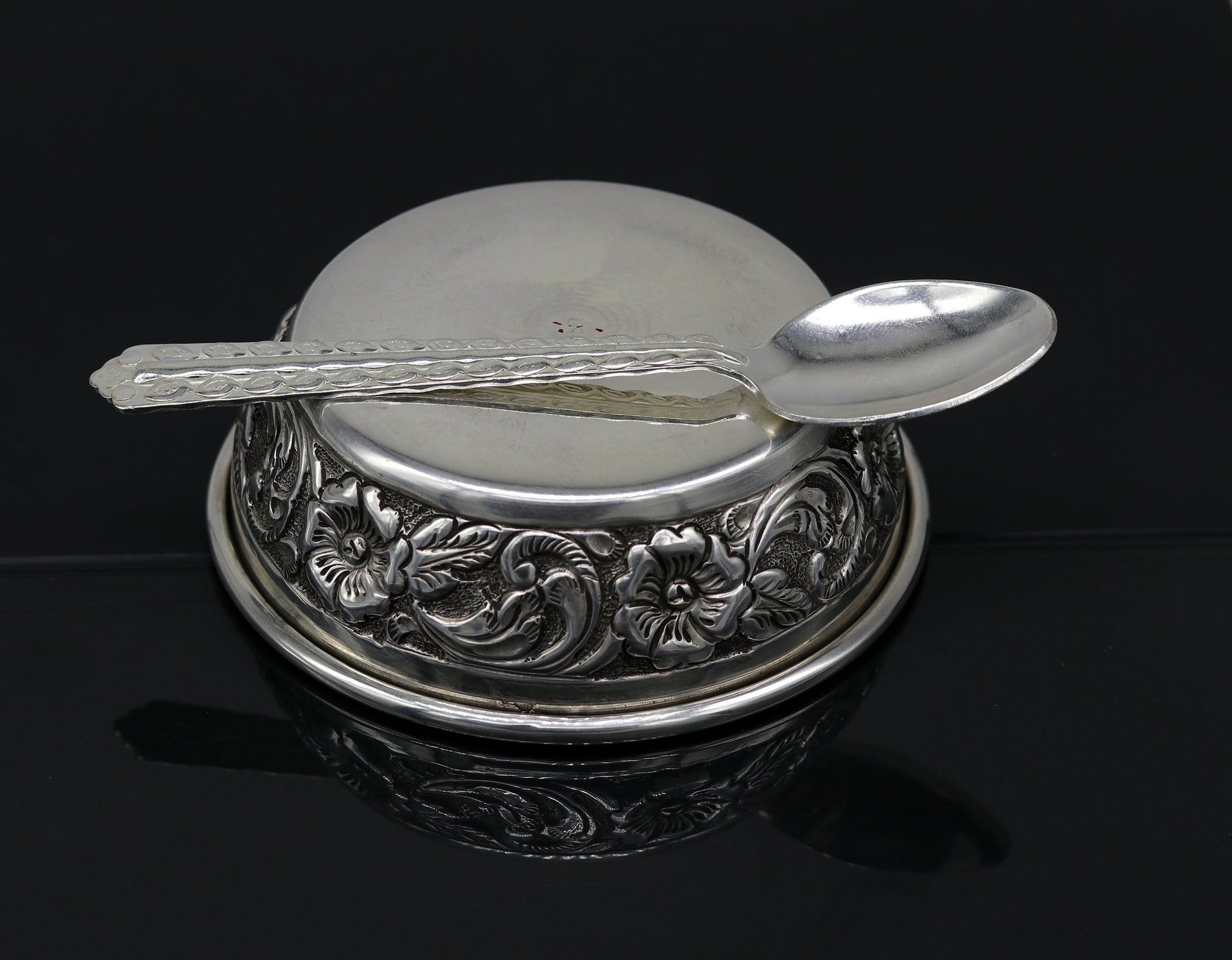 Handcrafted 925 silver bowl and spoon by TRIBAL ORNAMENTS, antibacterial silver for baby rice ceremony, traditional gift set.