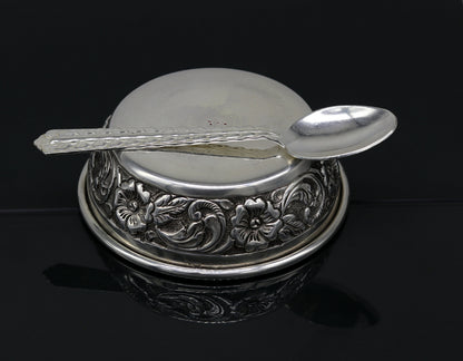 Handcrafted 925 silver bowl and spoon by TRIBAL ORNAMENTS, antibacterial silver for baby rice ceremony, traditional gift set.