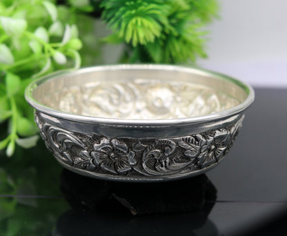 Handcrafted 925 sterling silver bowl and spoon from Tribal Ornaments, antibacterial silver for baby rice ceremony.