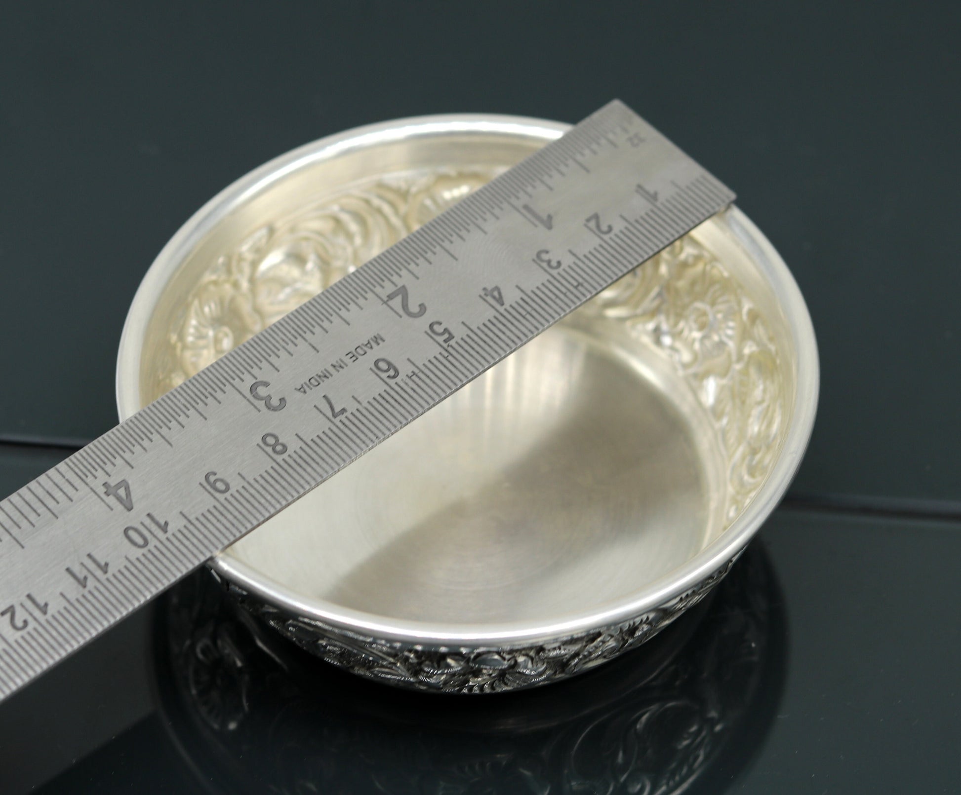 Handcrafted 925 sterling silver bowl and spoon set by TRIBAL ORNAMENTS, antibacterial silver for baby rice ceremony gift.