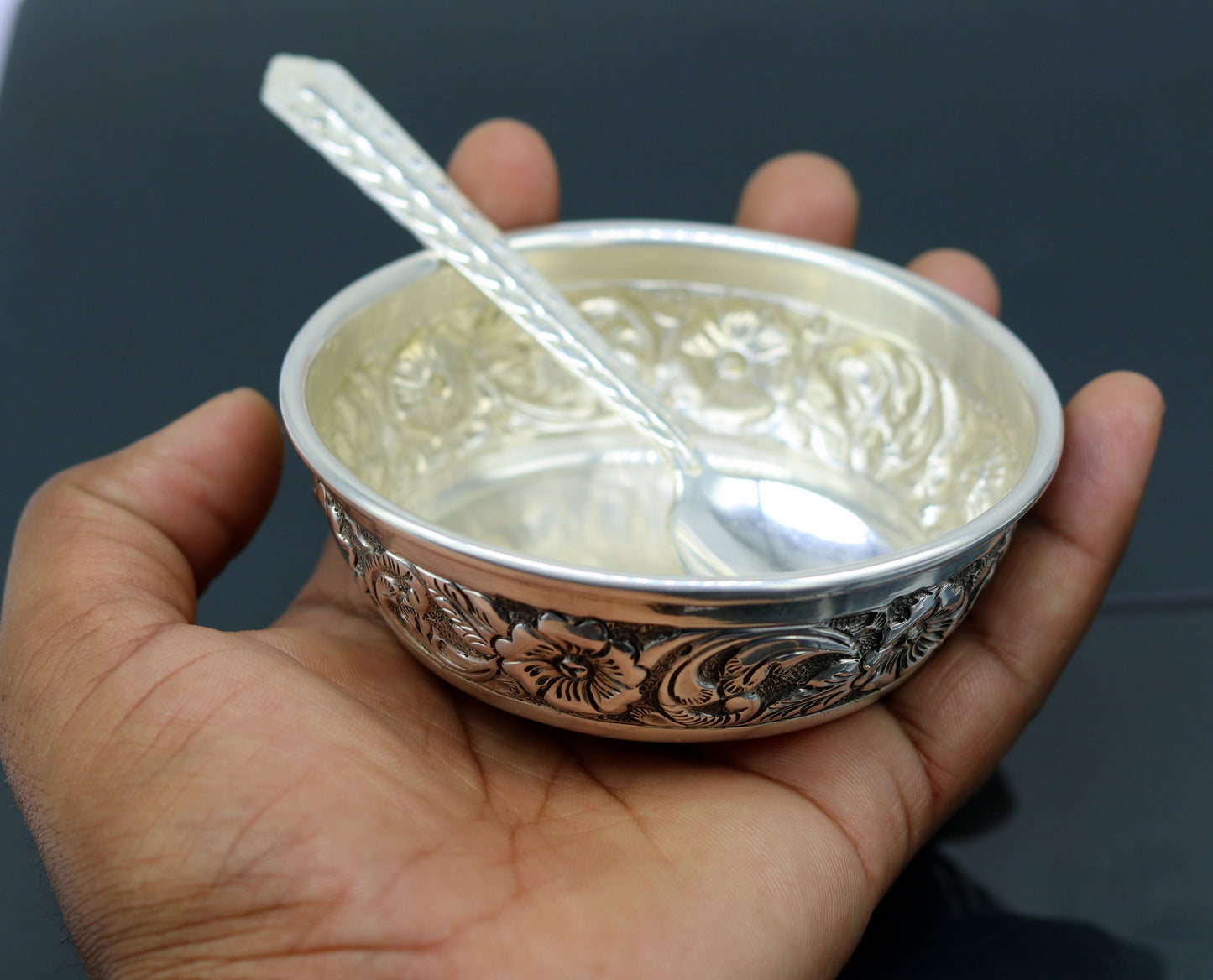 925 sterling silver handcrafted work solid silver bowl and spoon, silver has antibacterial properties, stay healthy, silver vessels sv74 - TRIBAL ORNAMENTS
