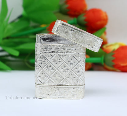 Handmade 925 sterling silver 2-in-1 tobacco and fennel storage box, tribal ornaments design for men's accessories.