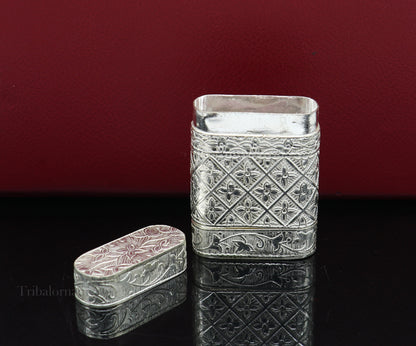 Handmade 925 sterling silver 2-in-1 tobacco and storage box by TRIBAL ORNAMENTS, with intricate silver detailing.