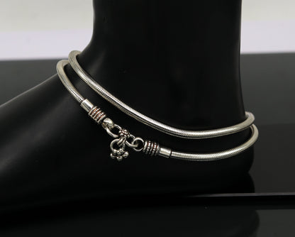 Sterling silver handmade 4mm snake chain ankle bracelet with vintage oxidized tribal charm, perfect for tribal belly dance jewelry.