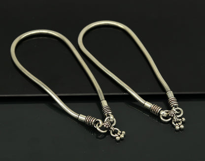 Sterling silver handmade 4mm snake chain ankle bracelet with vintage oxidized tribal charm, perfect for belly dance and tribal jewelry styles.