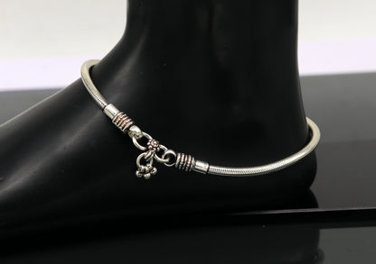 Sterling silver handmade 4mm snake chain ankle bracelet with vintage oxidized tribal charm, perfect for tribal belly dance jewelry.