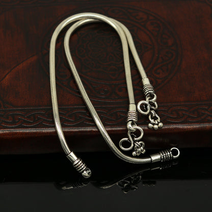 Sterling silver handmade 4mm snake chain ankle bracelet with vintage oxidized charm, tribal belly dance-inspired jewelry.