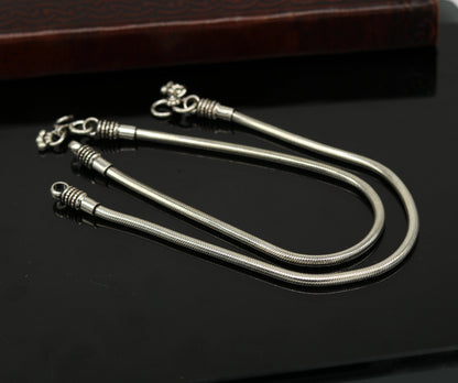 Sterling silver handmade 4mm snake chain ankle bracelet with vintage oxidized charm, tribal design, perfect for belly dance jewelry.