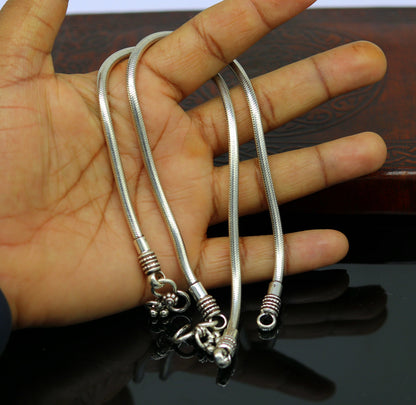 Sterling silver handmade 4mm snake chain ankle bracelet with vintage oxidized charm, tribal belly dance-inspired jewelry.