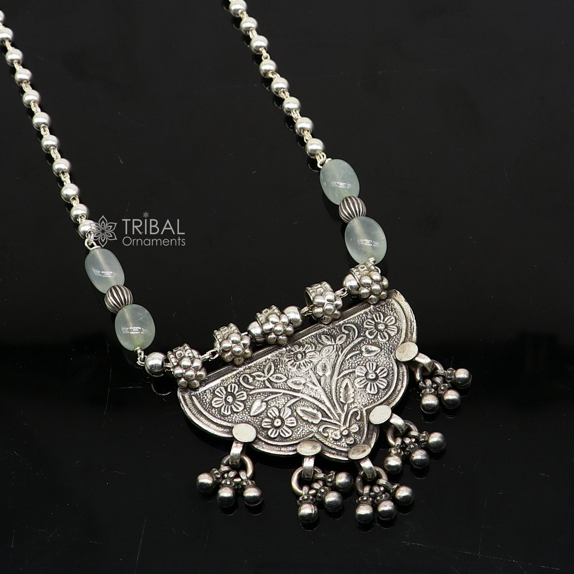 925 sterling silver beaded long necklace with traditional tribal design, handmade jewelry by TRIBAL ORNAMENTS.