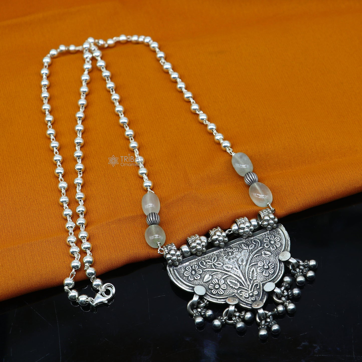 Sterling silver 4mm beaded long necklace with traditional tribal design, handmade cultural jewelry by TRIBAL ORNAMENTS