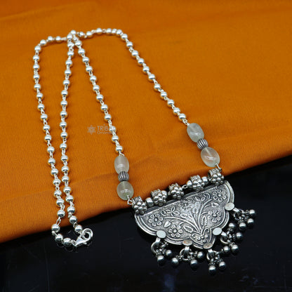 Sterling silver 4mm beaded long necklace with traditional tribal design, handmade cultural jewelry by TRIBAL ORNAMENTS