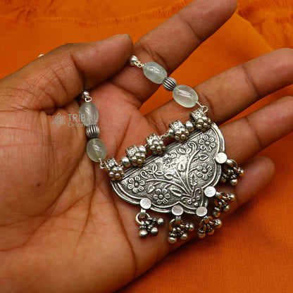 925 sterling silver beaded long necklace with traditional tribal design, handmade jewelry by Tribal Ornaments.