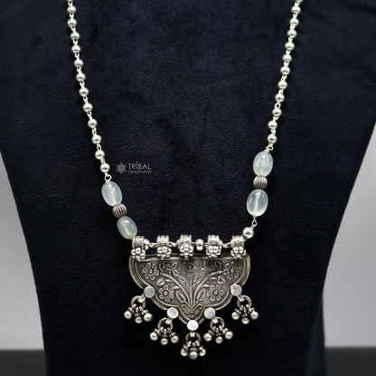 925 sterling silver beaded long necklace with traditional tribal design, handmade jewelry by TRIBAL ORNAMENTS