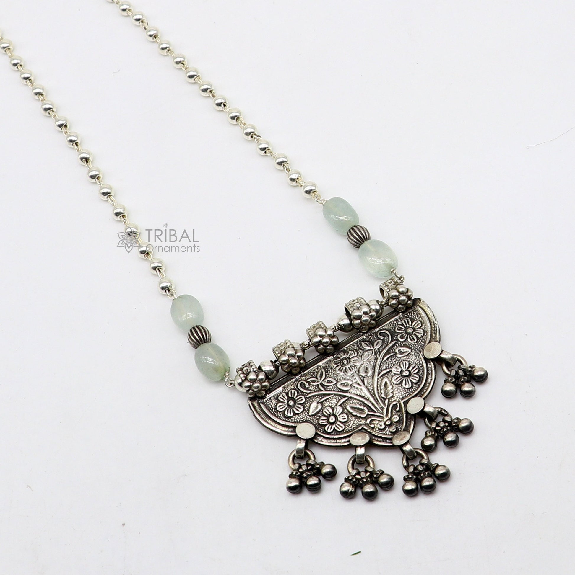 925 sterling silver 4mm beaded long necklace with traditional tribal design, handmade jewelry by Tribal Ornaments.