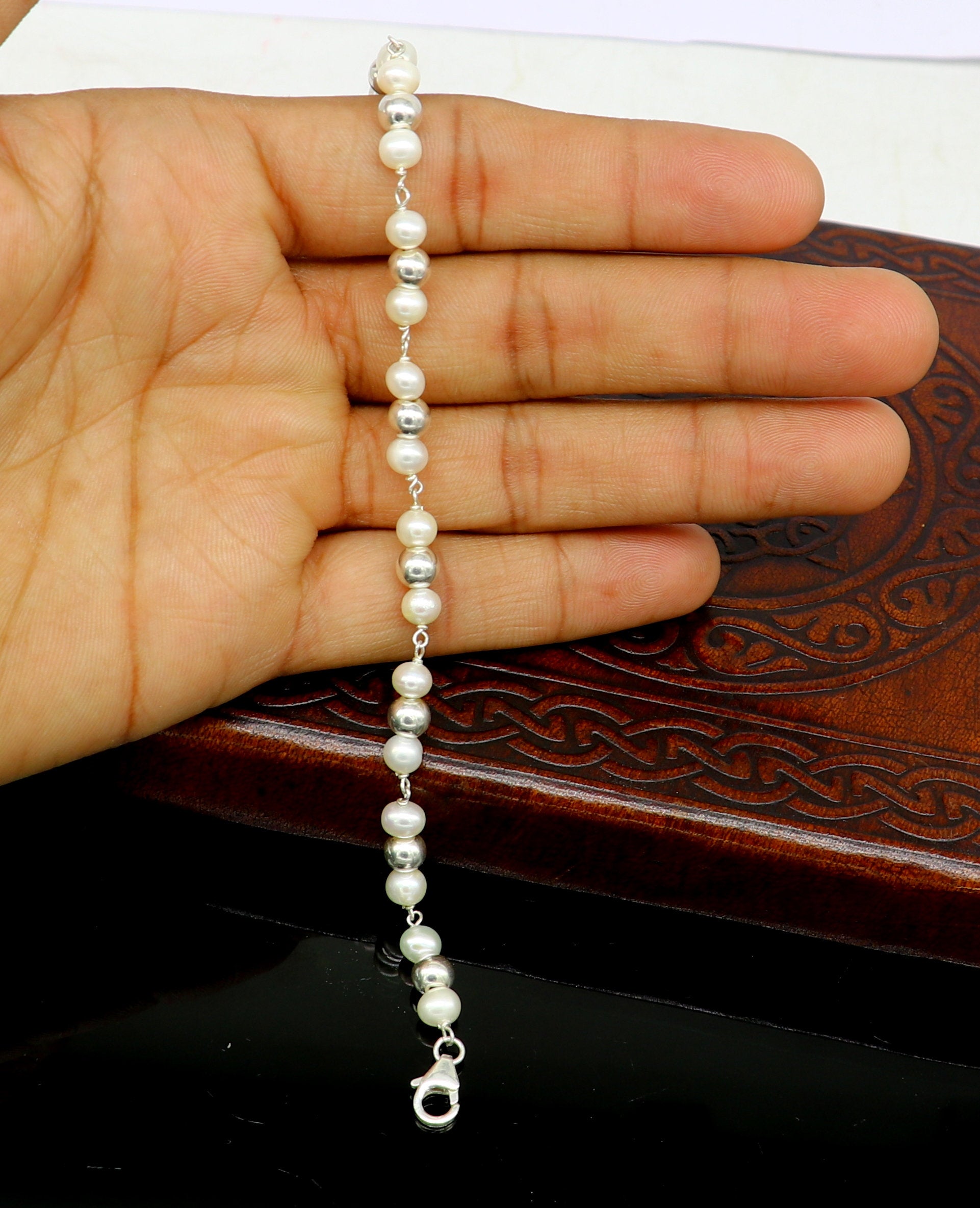 925 sterling silver handmade 5.5 mm round beads balls pearl bracelet, fabulous customized 7.5"long beaded bracelet stylish gift sbr212 - TRIBAL ORNAMENTS