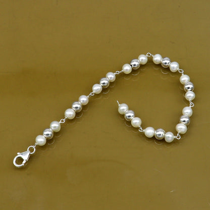 Sterling silver round beads pearl bracelet with 5.5 mm beads, handmade, stylish jewelry by TRIBAL ORNAMENTS, 7.5 inches long.