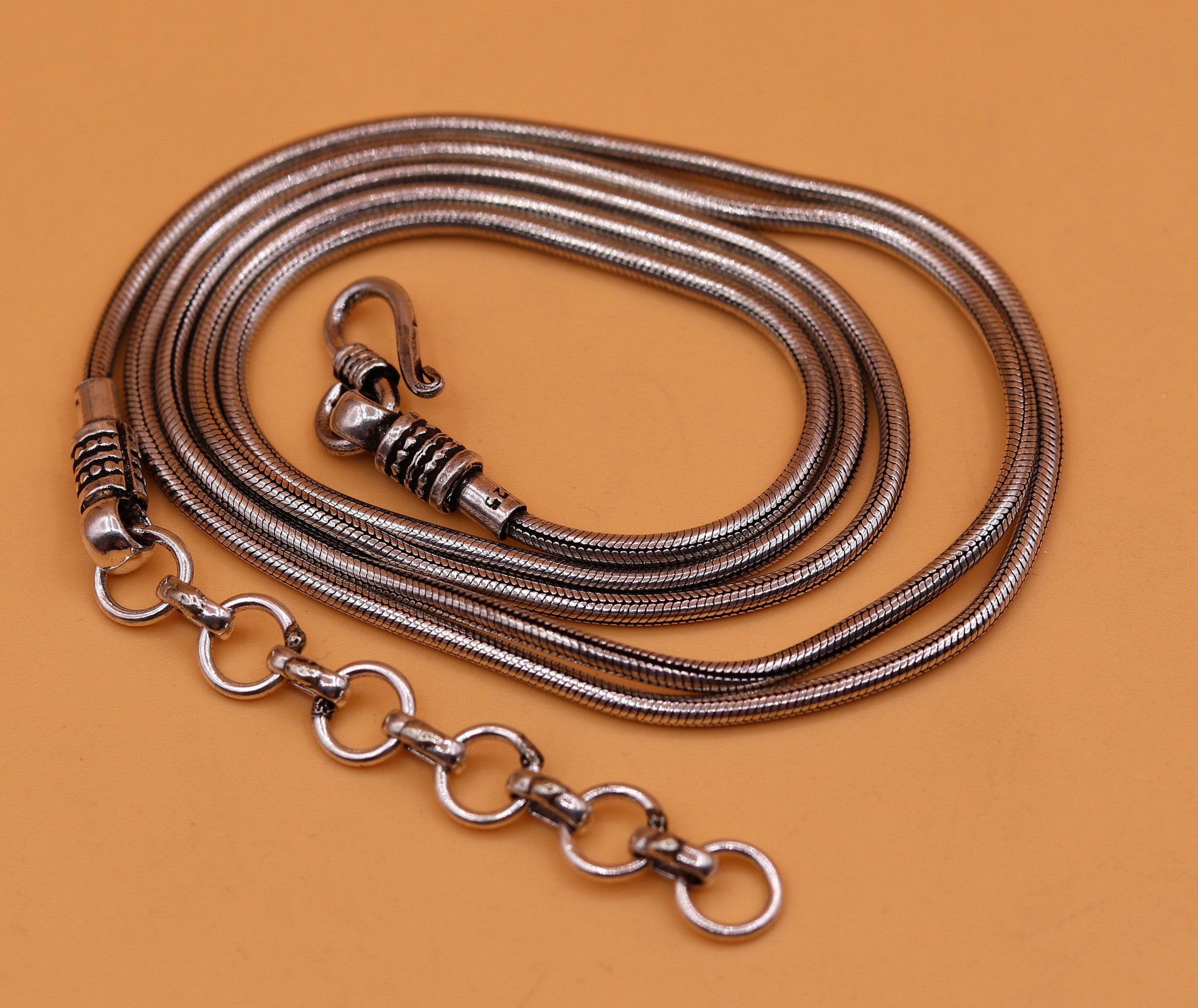 Sterling silver handmade adjustable snake chain belly chain with vintage antique design, 36 to 38 inches long for belly dance.
