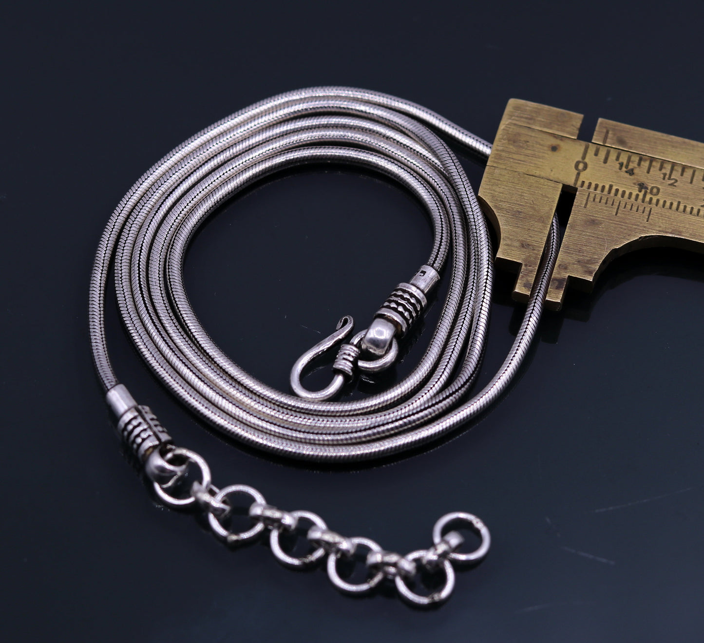 Sterling silver handmade adjustable snake chain belly chain with vintage antique design, 36-38 inches, ideal for belly dance accessories.
