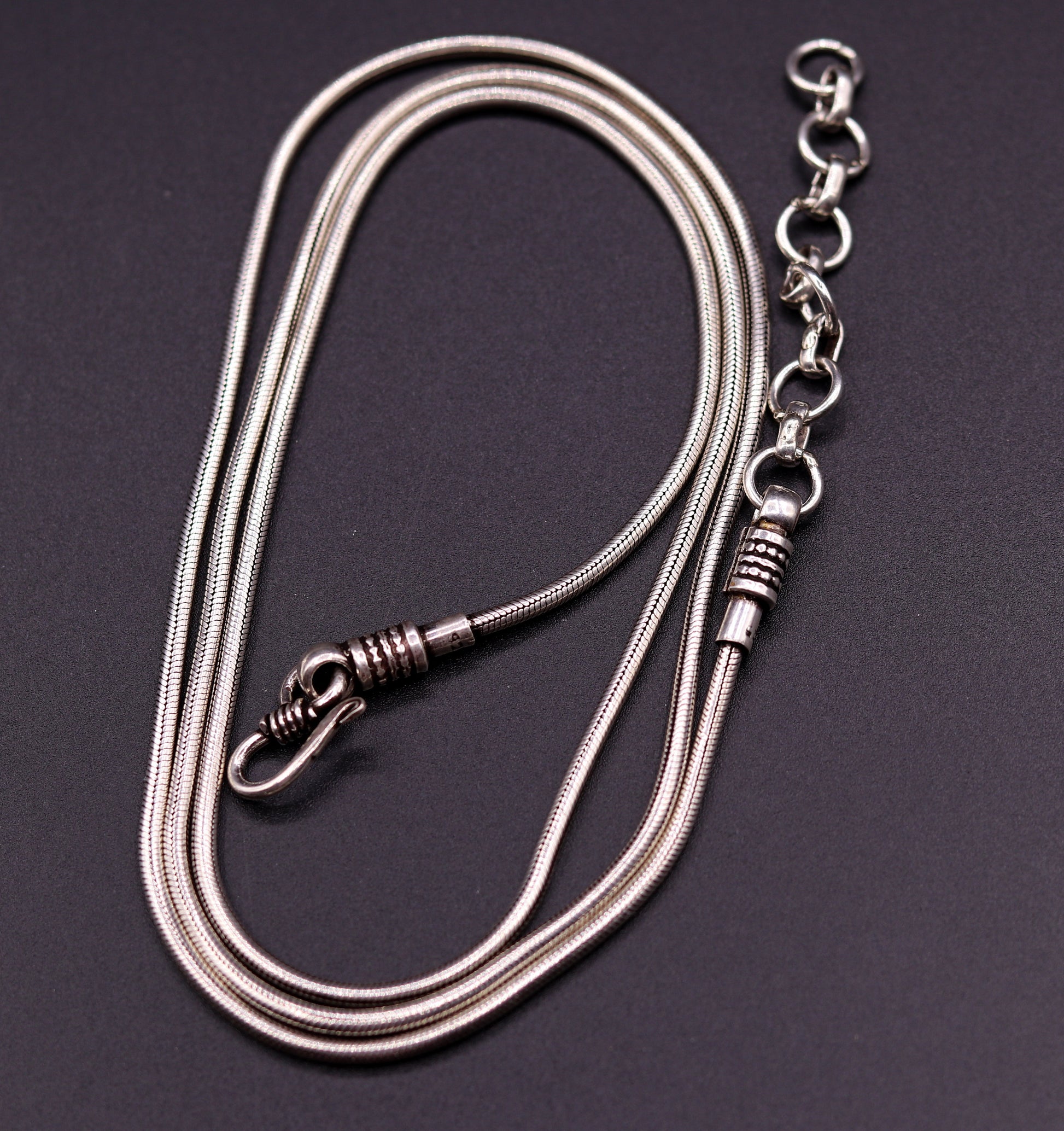 Sterling silver handmade adjustable snake belly chain, vintage antique design, 36-38 inches, ideal for belly dance accessories.