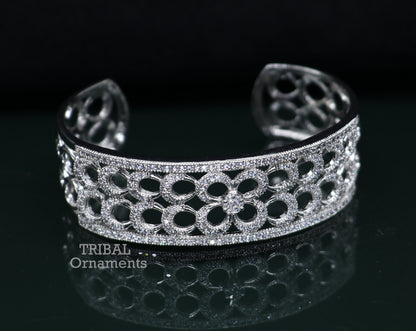 Sterling silver cuff bracelet with cubic zirconia stones, adjustable design, handmade by Tribal Ornaments for girls' jewelry.