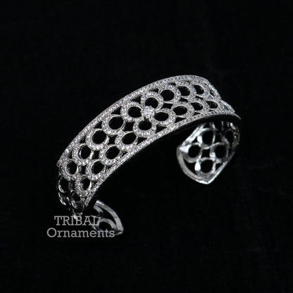 Sterling silver cuff bracelet with cubic zirconia stones, adjustable design, handmade tribal jewelry for girls by TRIBAL ORNAMENTS.