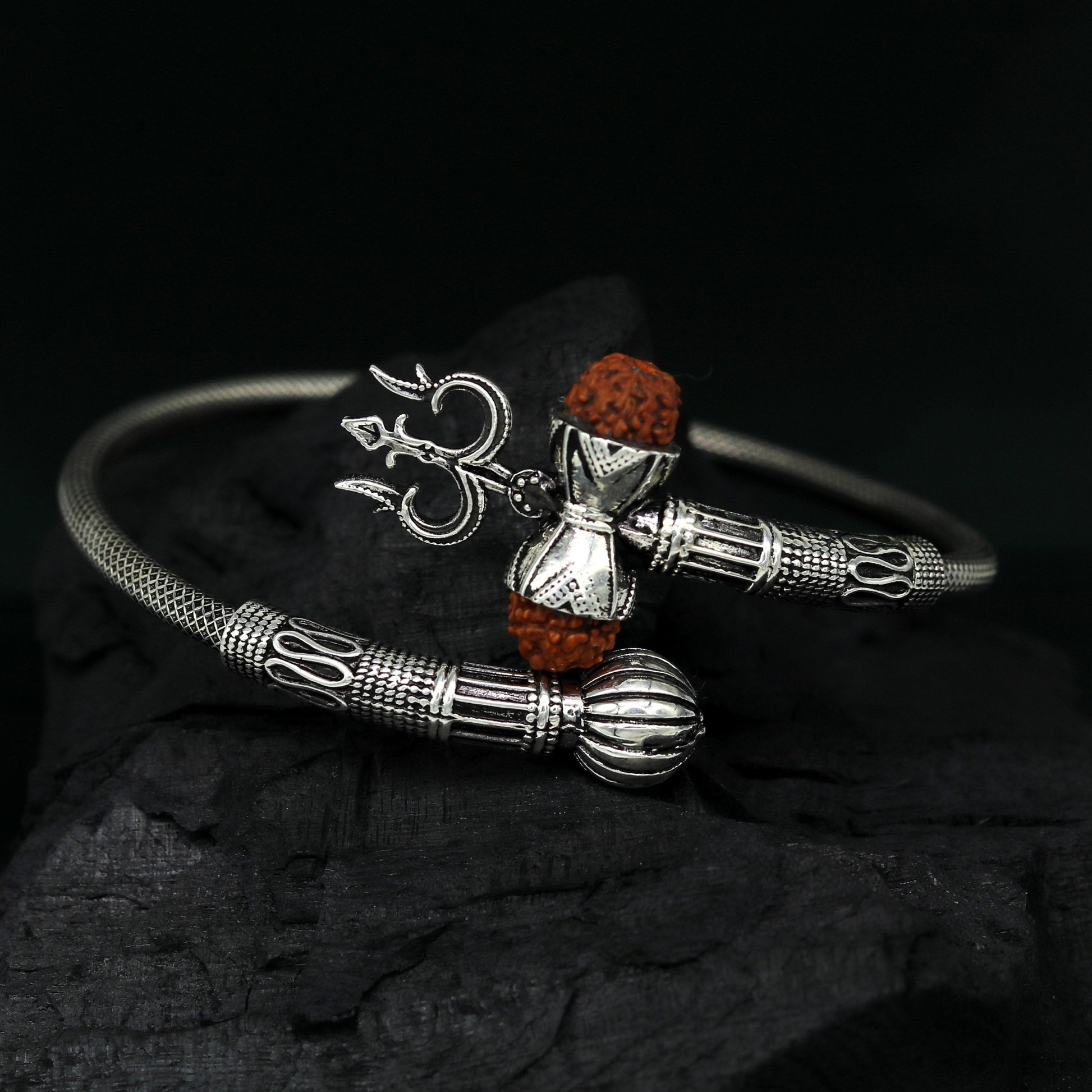 925 sterling silver handmade amazing customized lord shiva bangle bracelet, excellent trident trishul with rudraksha unisex jewelry nssk15 - TRIBAL ORNAMENTS