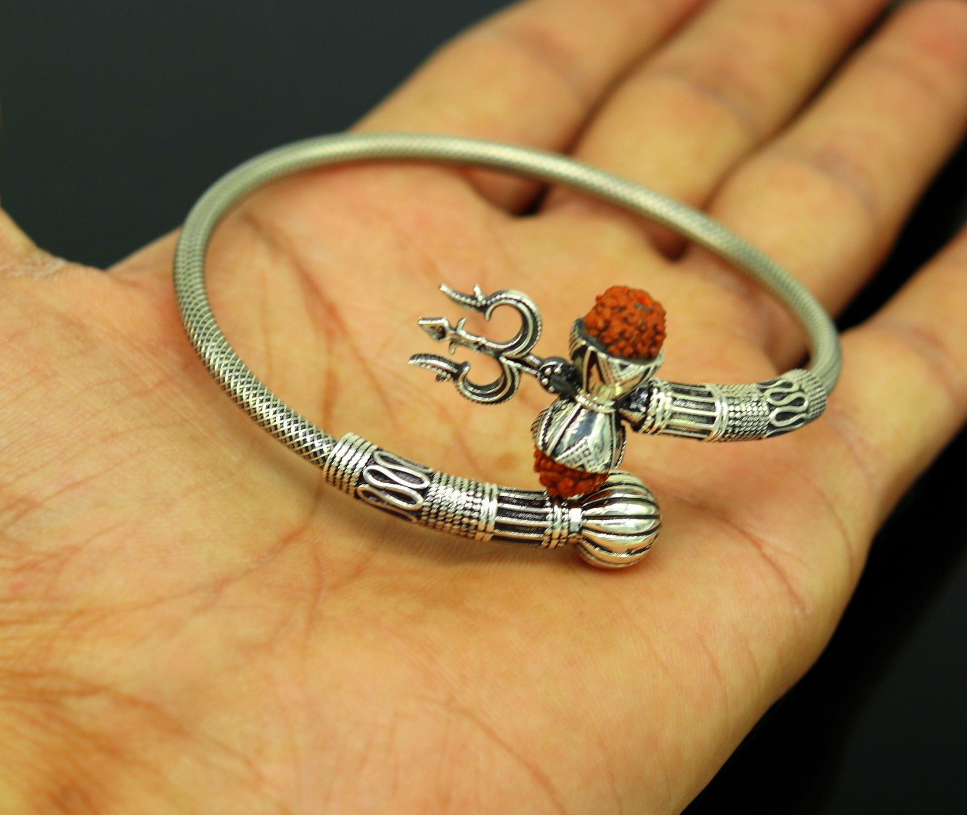925 sterling silver handmade amazing customized lord shiva bangle bracelet, excellent trident trishul with rudraksha unisex jewelry nssk15 - TRIBAL ORNAMENTS