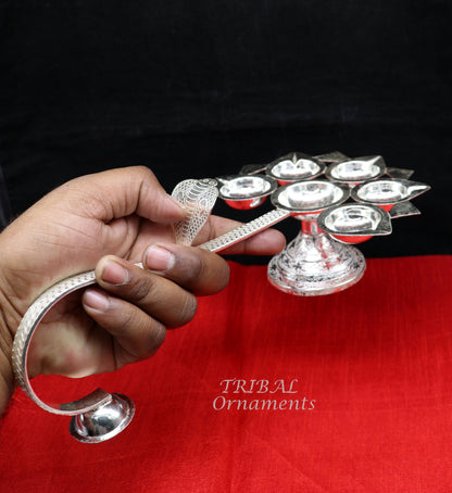 925 Sterling silver handmade amazing design 5 lamp arti, amazing handcrafting work home decor temple puja article figurine su857 - TRIBAL ORNAMENTS