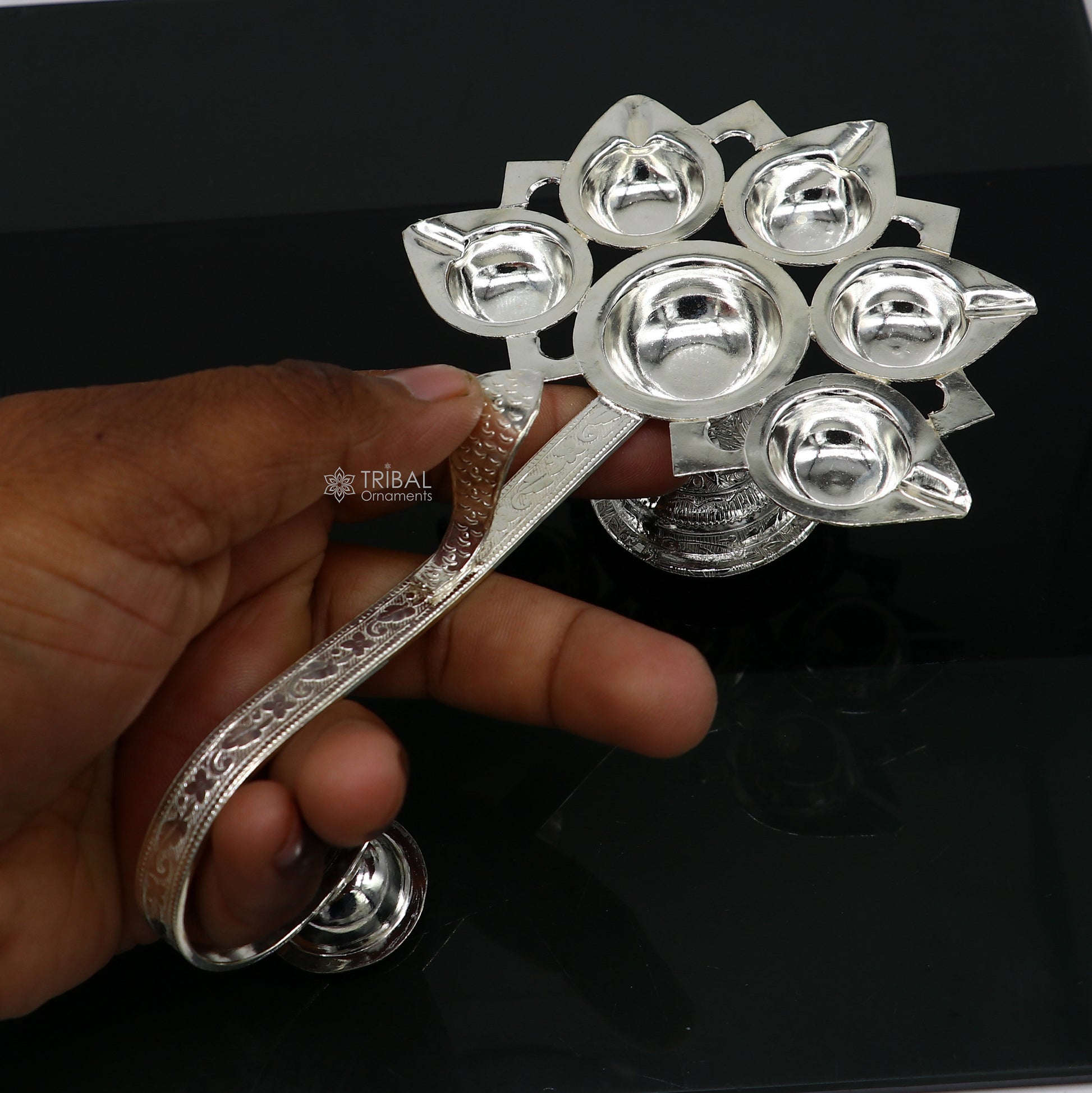 925 Sterling silver handmade amazing design home temple art Aarti lamp, Divine 5 lamp aarti for puja or worshipping su1167 - TRIBAL ORNAMENTS