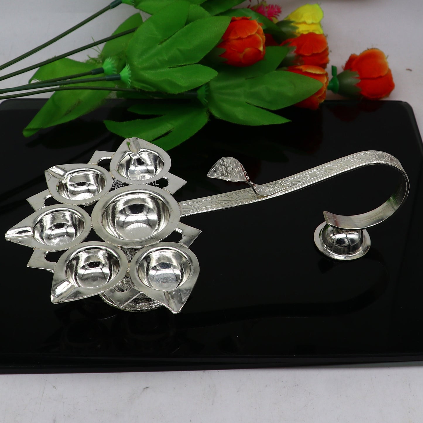 925 Sterling silver handmade amazing design home temple art Aarti lamp, Divine 5 lamp aarti for puja or worshipping su1167 - TRIBAL ORNAMENTS