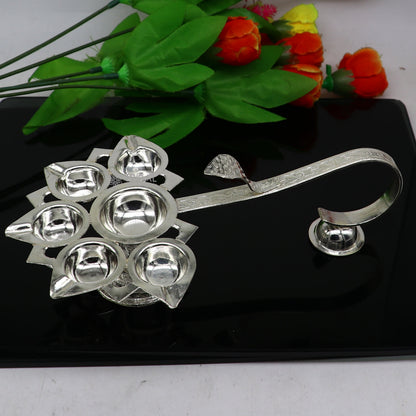 925 Sterling silver handmade amazing design home temple art Aarti lamp, Divine 5 lamp aarti for puja or worshipping su1167 - TRIBAL ORNAMENTS