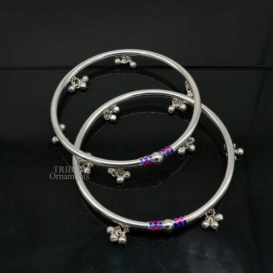 925 sterling silver handmade amazing foot ankle plain bracelet kada with hanging noisy bells, belly dance jewelry from Rajasthan nsfk58 - TRIBAL ORNAMENTS