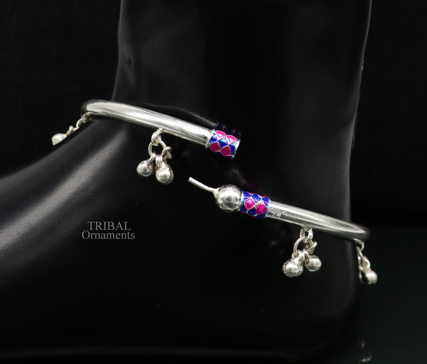 925 sterling silver handmade amazing foot ankle plain bracelet kada with hanging noisy bells, belly dance jewelry from Rajasthan nsfk58 - TRIBAL ORNAMENTS