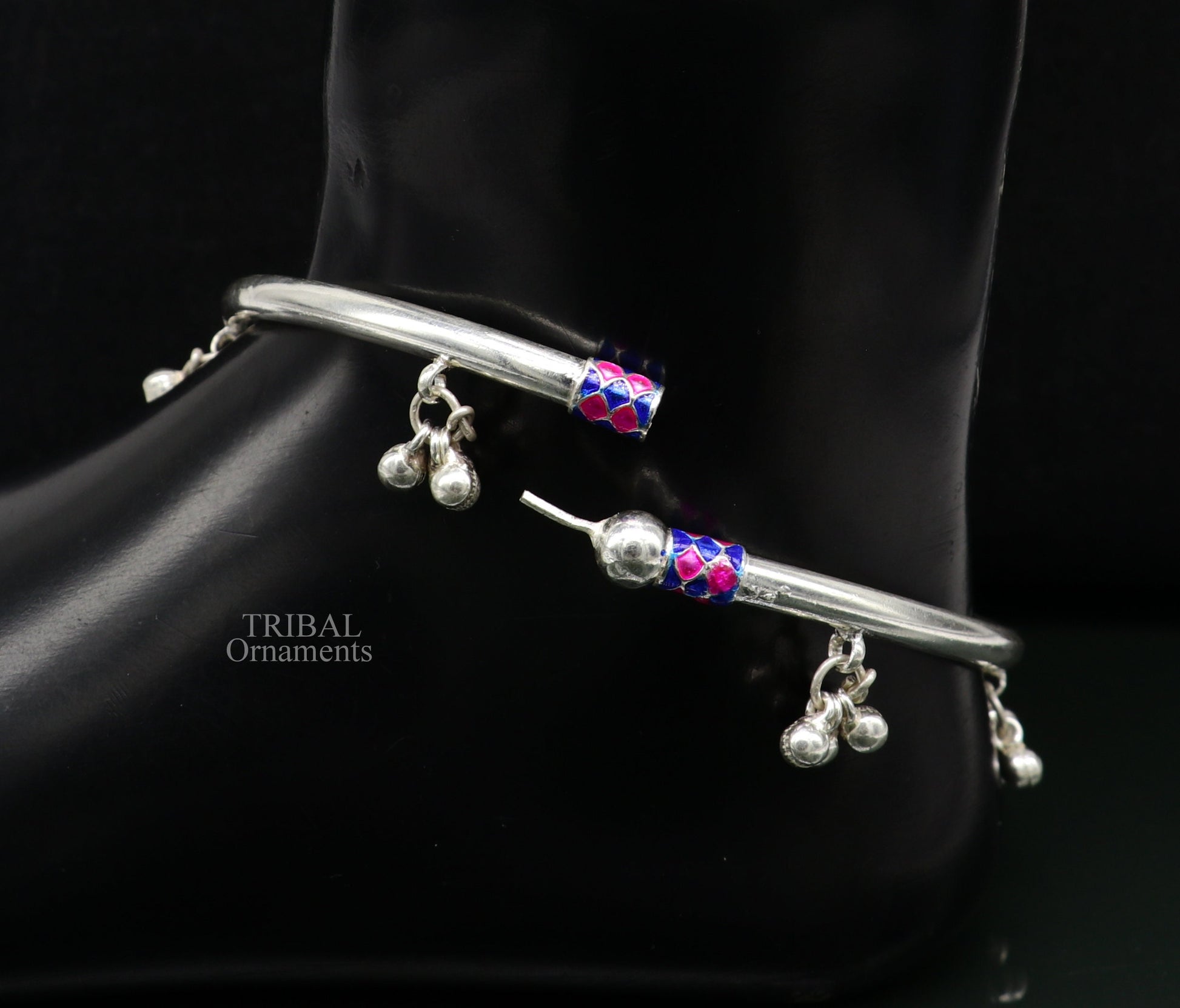 925 sterling silver handmade amazing foot ankle plain bracelet kada with hanging noisy bells, belly dance jewelry from Rajasthan nsfk58 - TRIBAL ORNAMENTS