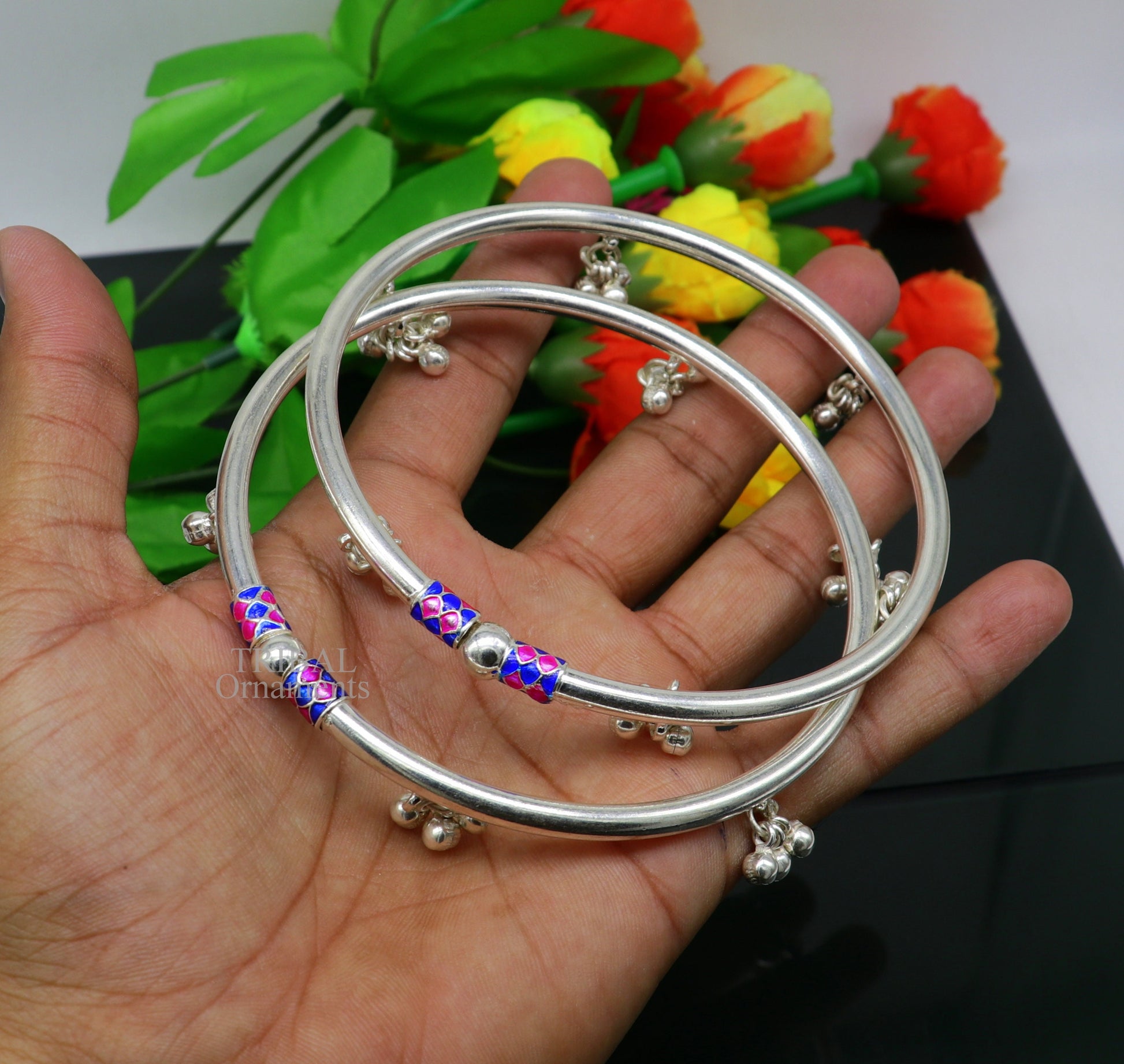 925 sterling silver handmade amazing foot ankle plain bracelet kada with hanging noisy bells, belly dance jewelry from Rajasthan nsfk58 - TRIBAL ORNAMENTS