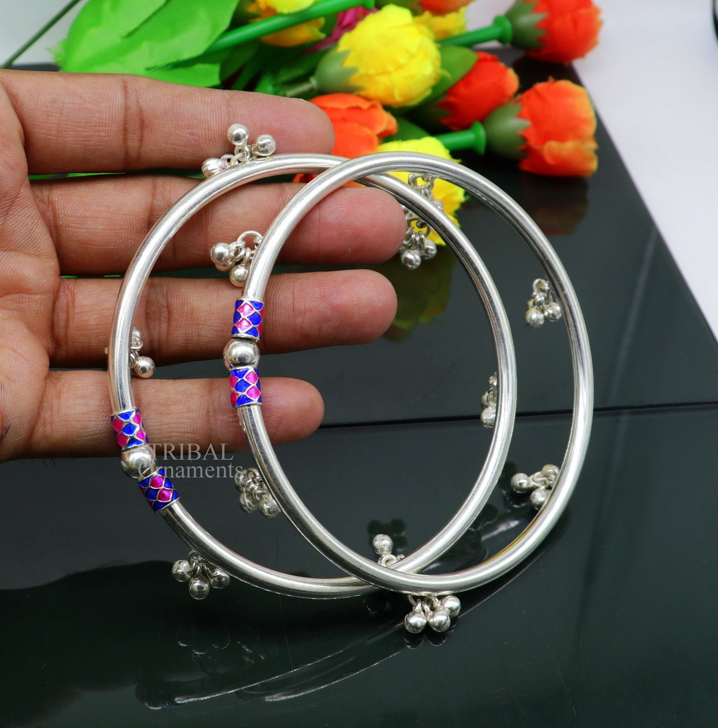 925 sterling silver handmade amazing foot ankle plain bracelet kada with hanging noisy bells, belly dance jewelry from Rajasthan nsfk58 - TRIBAL ORNAMENTS